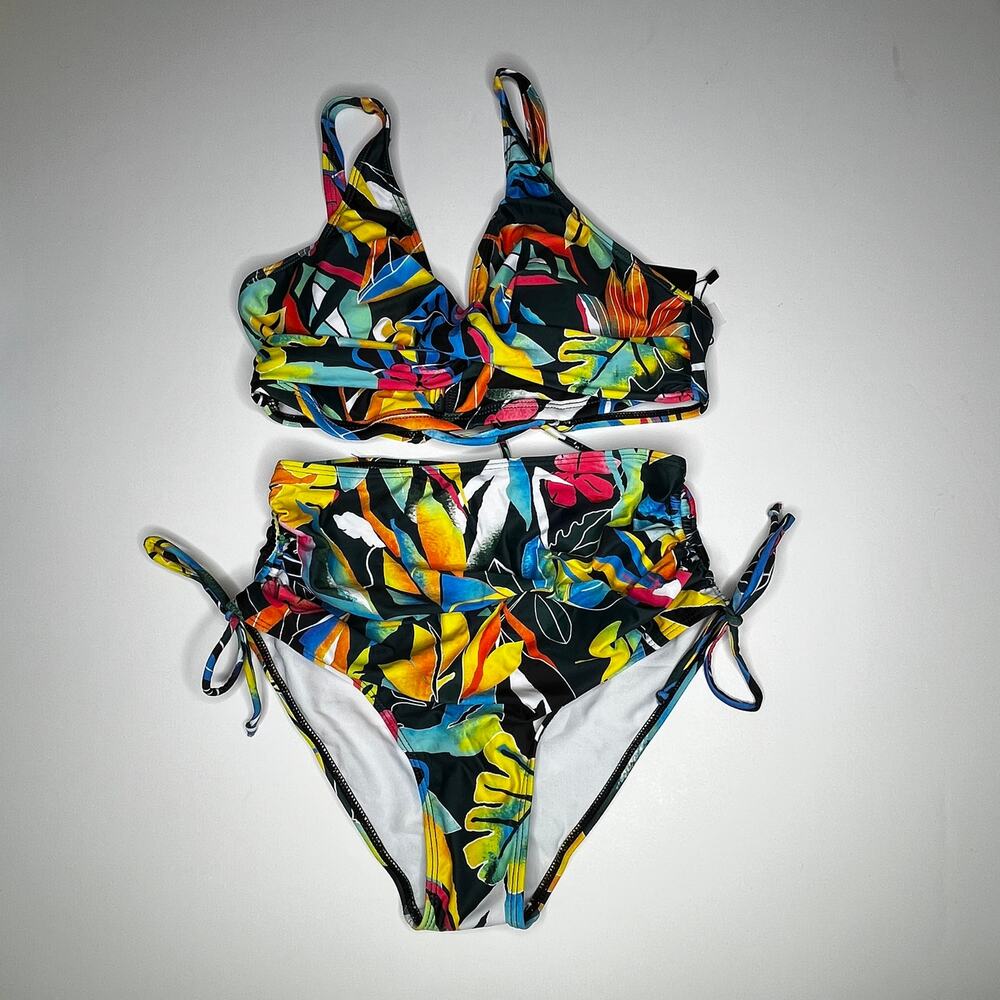 Aqua Eve Bright Floral High Waist Bikini Swimsuit New S